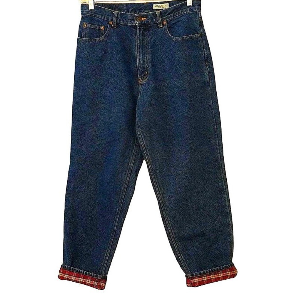 Vintage Eddie Bauer Flannel Lined Jeans Women 12 Petite Blue Plaid High Rise Mom